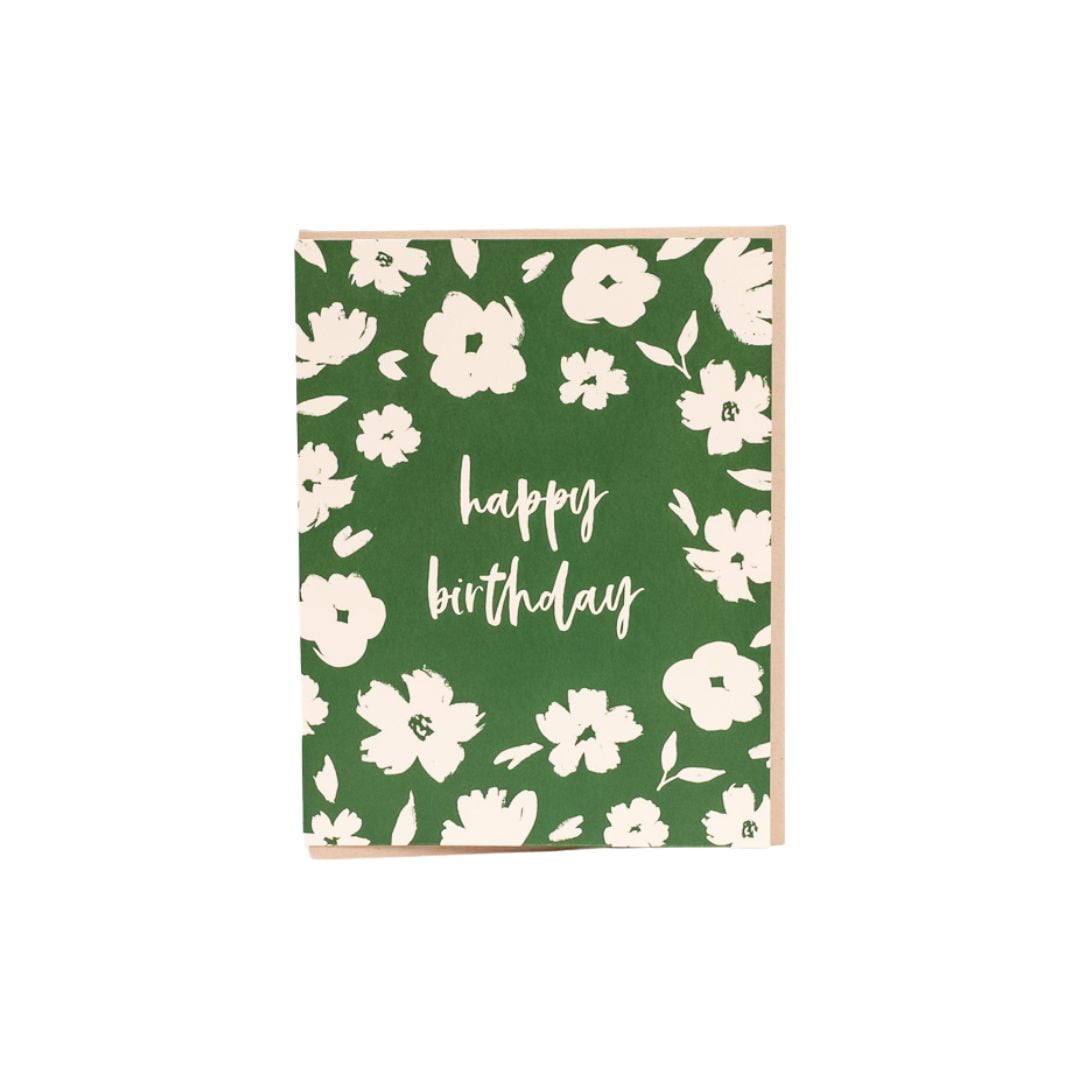 Brush Floral Happy Birthday Greeting Card - Green Fresh Florals + Plants