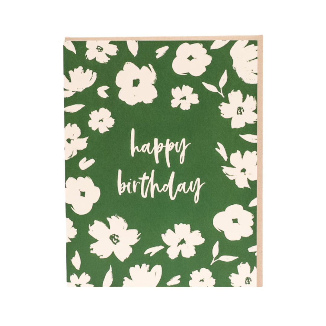 Brush Floral Happy Birthday Greeting Card - Green Fresh Florals + Plants