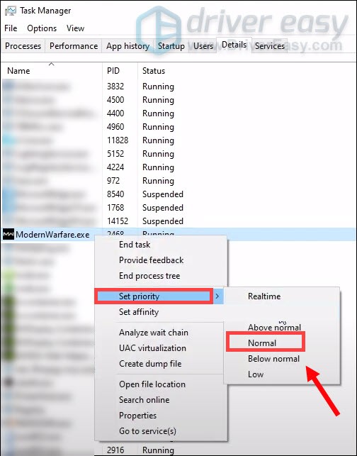 change priority to normal Modern Warfare