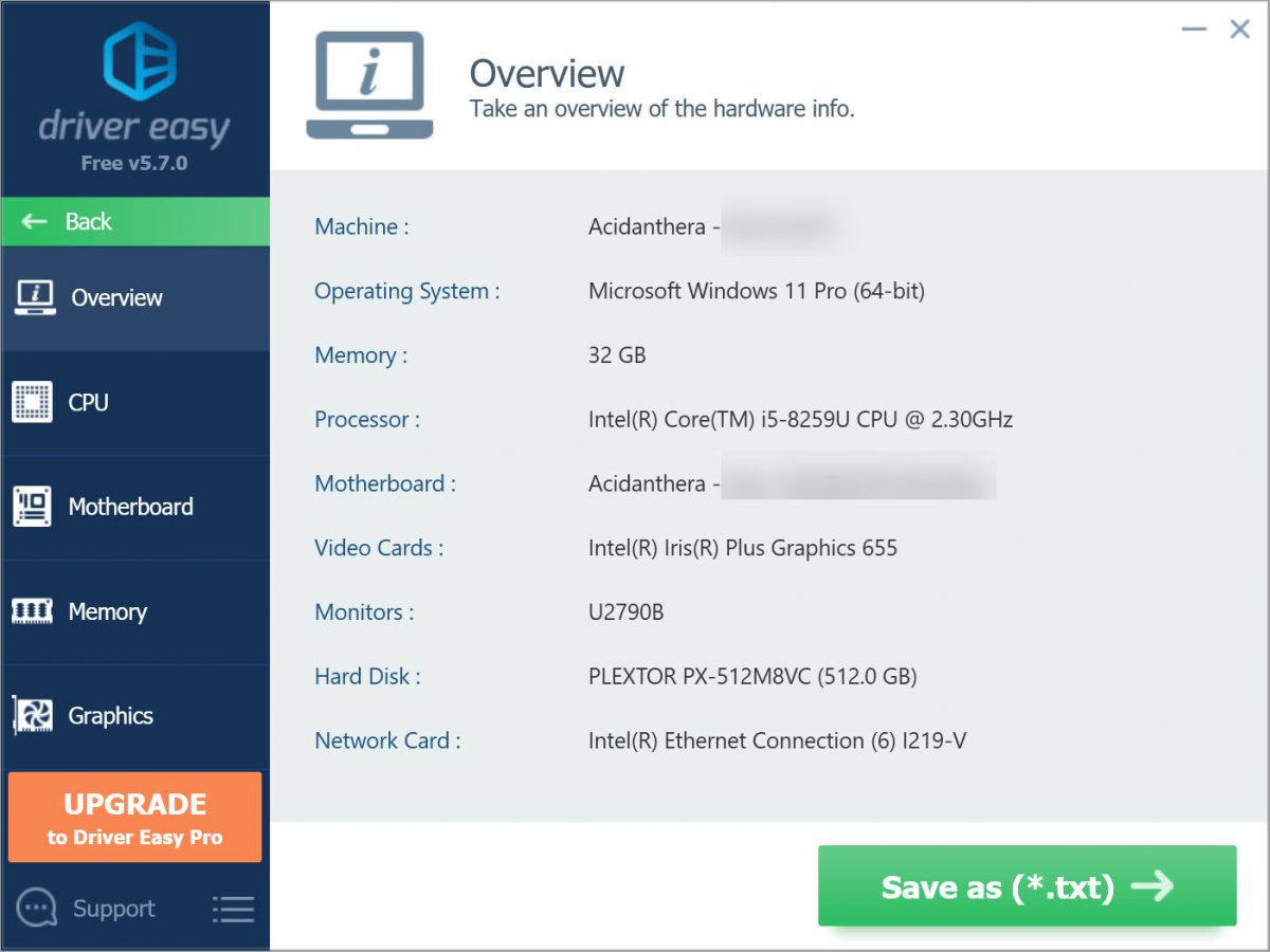 Driver Easy Free Hardware Info Overview