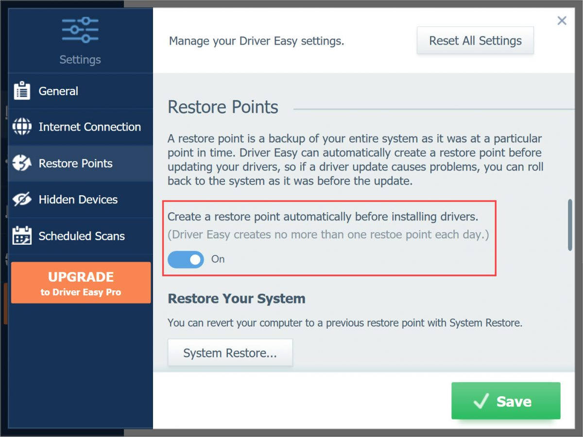 Driver Easy Free Settings Restore Points On or Off