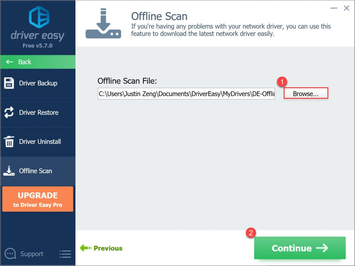 Driver Easy Free upload offline scan file select