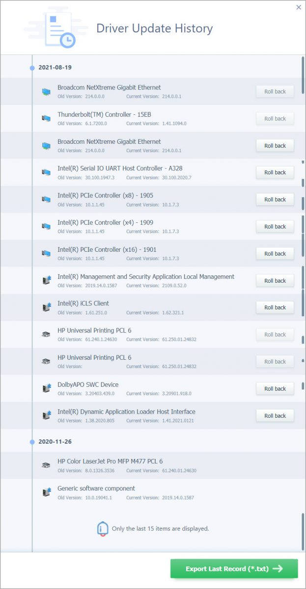 Driver Easy Pro Driver Update History last 15 items