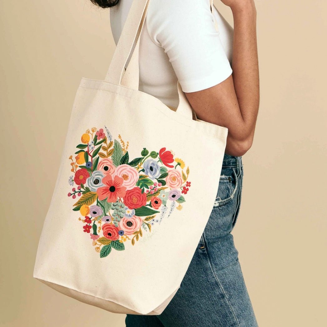 Floral Heart Canvas Tote Bag - Green Fresh Florals + Plants