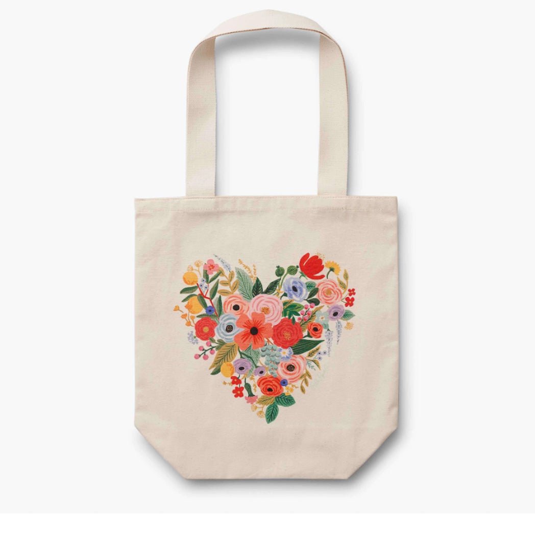 Floral Heart Canvas Tote Bag - Green Fresh Florals + Plants