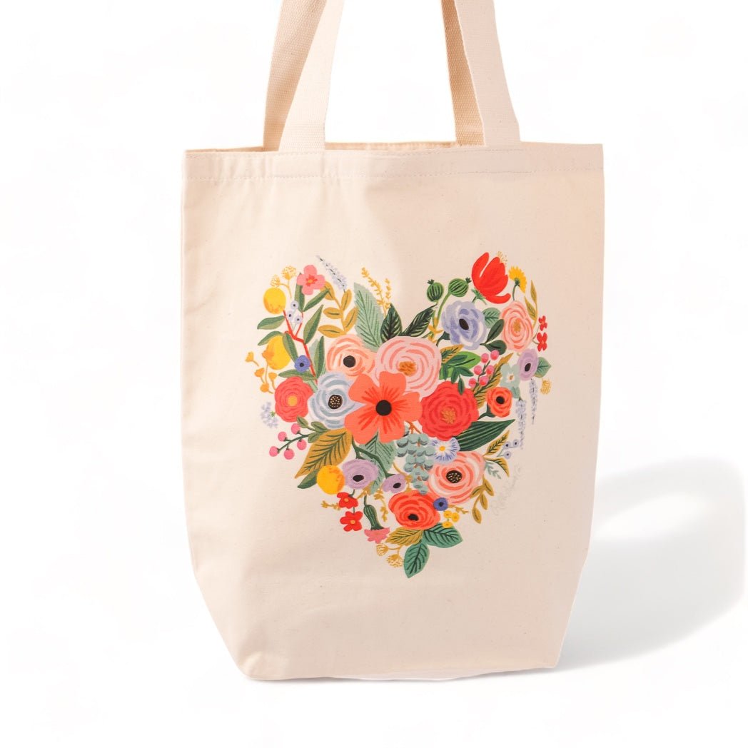 Floral Heart Canvas Tote Bag - Green Fresh Florals + Plants