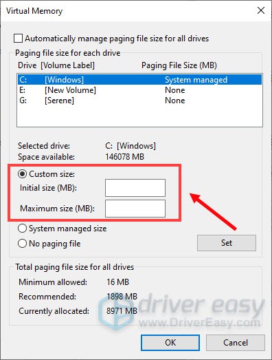 increase virtual memory custom size