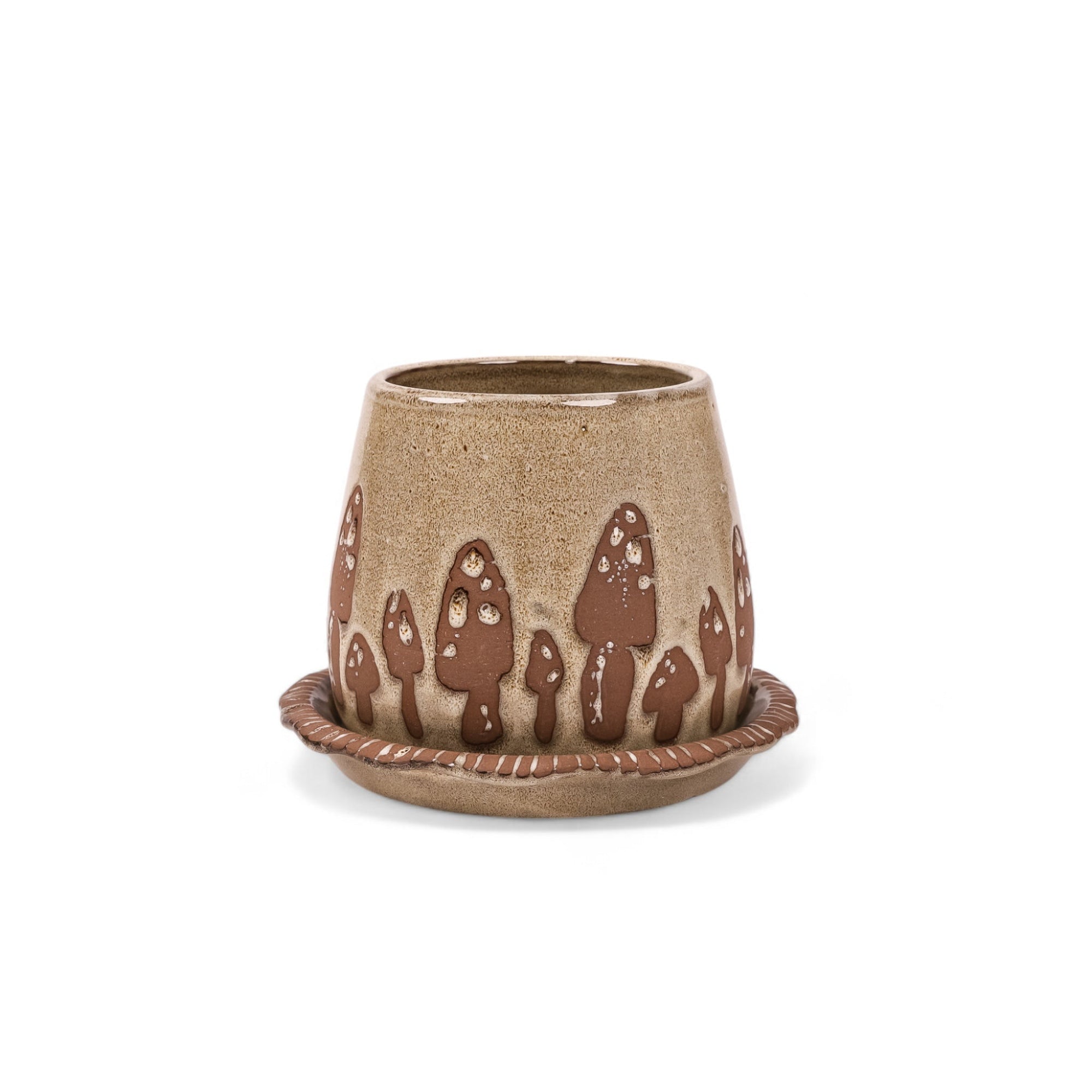 Wild Mushroom Pot + Saucer - Green Fresh Florals + Plants